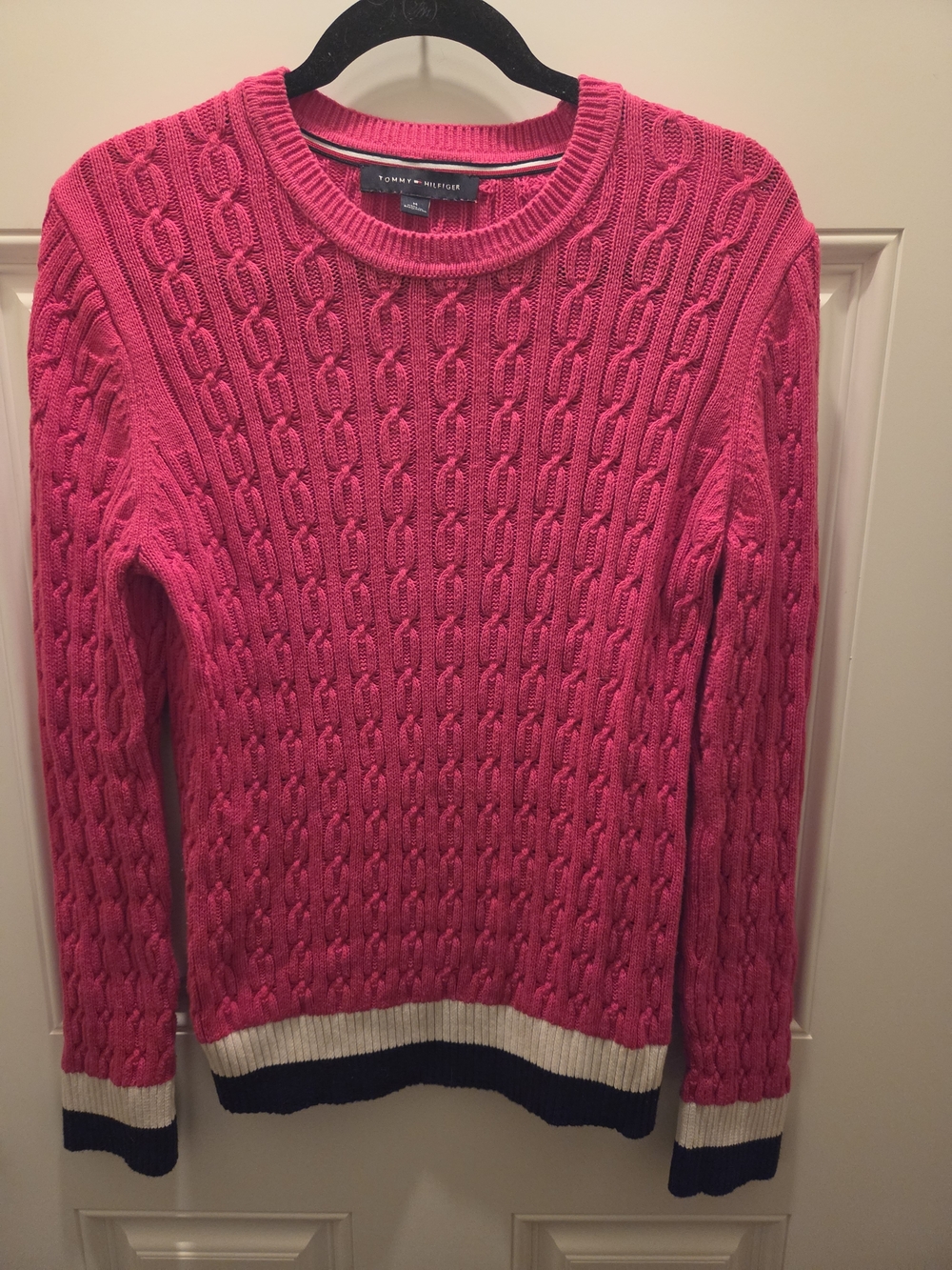 Tommy Hilfiger Pink Cable Knit Crewneck Sweater with Contrast Trim Medium